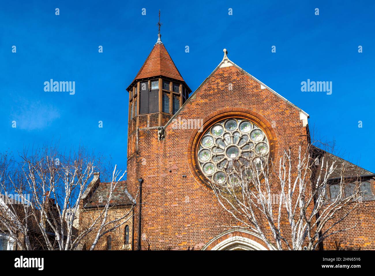 Außenansicht der Woodgrange Baptist Church aus dem späten 19th. Jahrhundert an der Romford Road, Forest Gate, Newham, London, Großbritannien Stockfoto