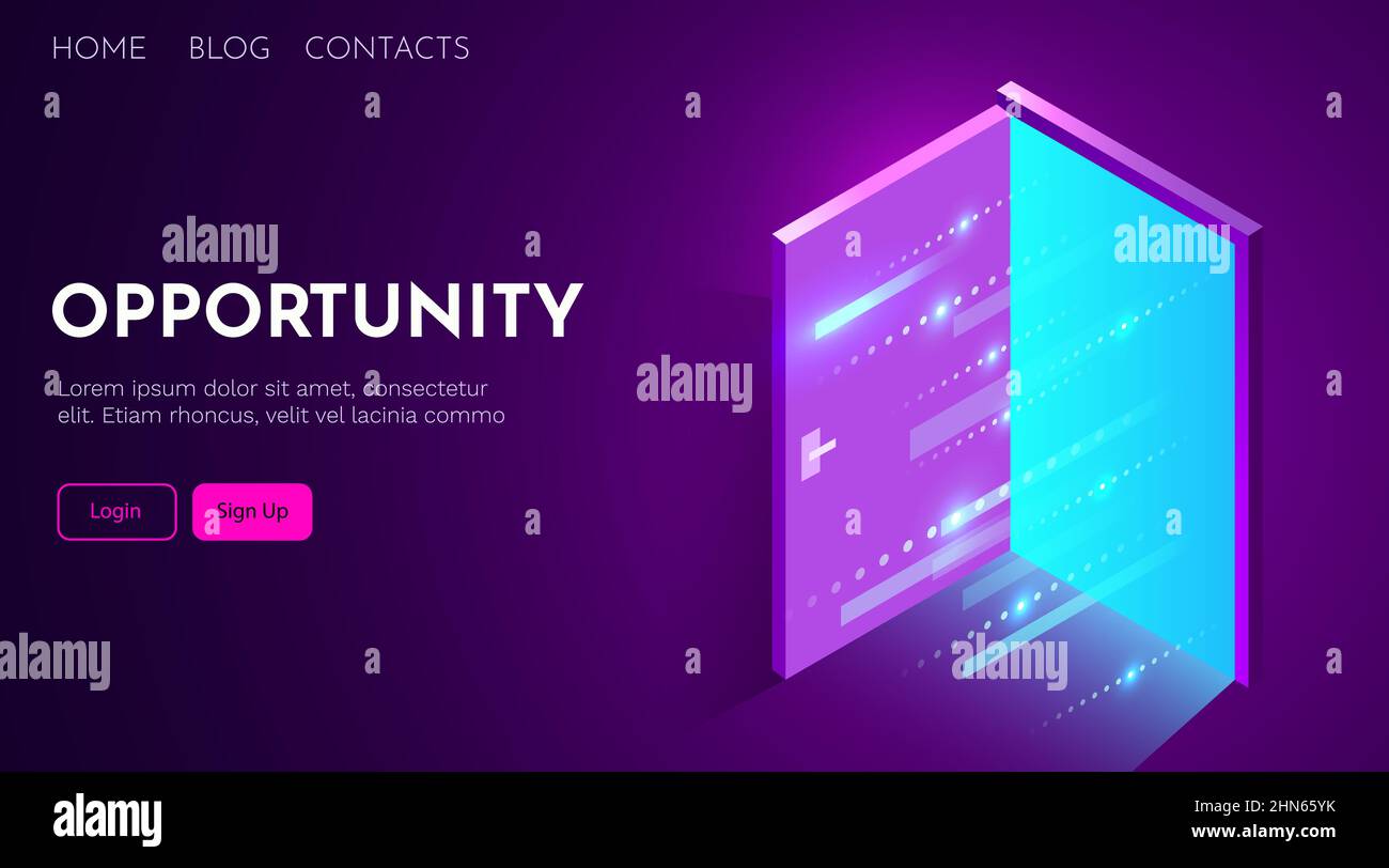 Neues isometrisches Landing Page-Banner für Chancen. Tür geöffnet. Vektorgrafik Stock Vektor