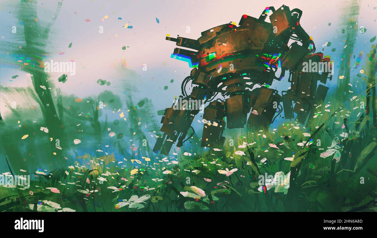 Ein alter Roboter steht im Blumenfeld, digitaler Kunststil, Illustration Malerei Stockfoto