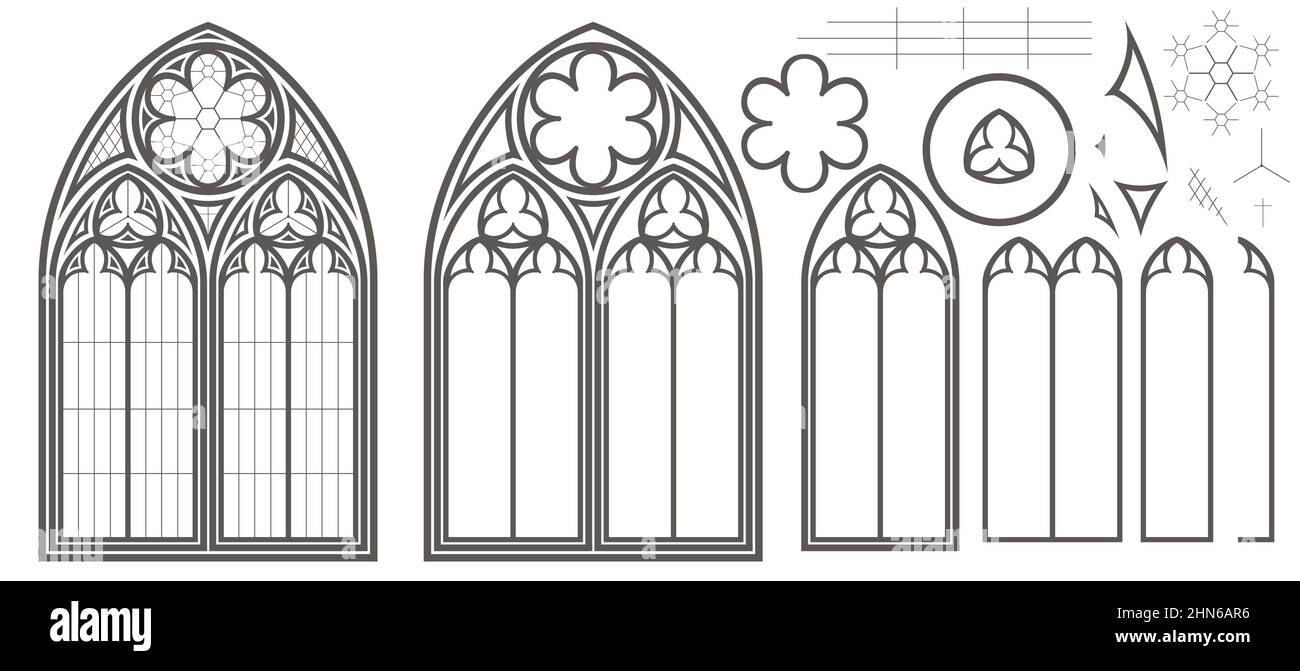 Mittelalterliches gotisches Buntglasfenster-Vektor-Set Stock Vektor