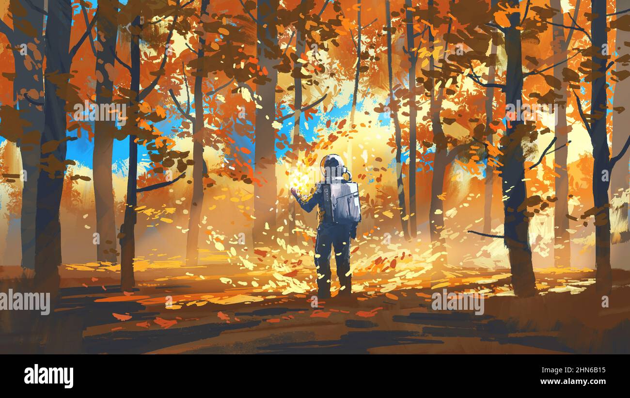 Der Astronaut mitten im Herbstwald und schaut auf das seltsame Licht in der Hand, digitalen Kunststil, Illustrationsmalerei Stockfoto