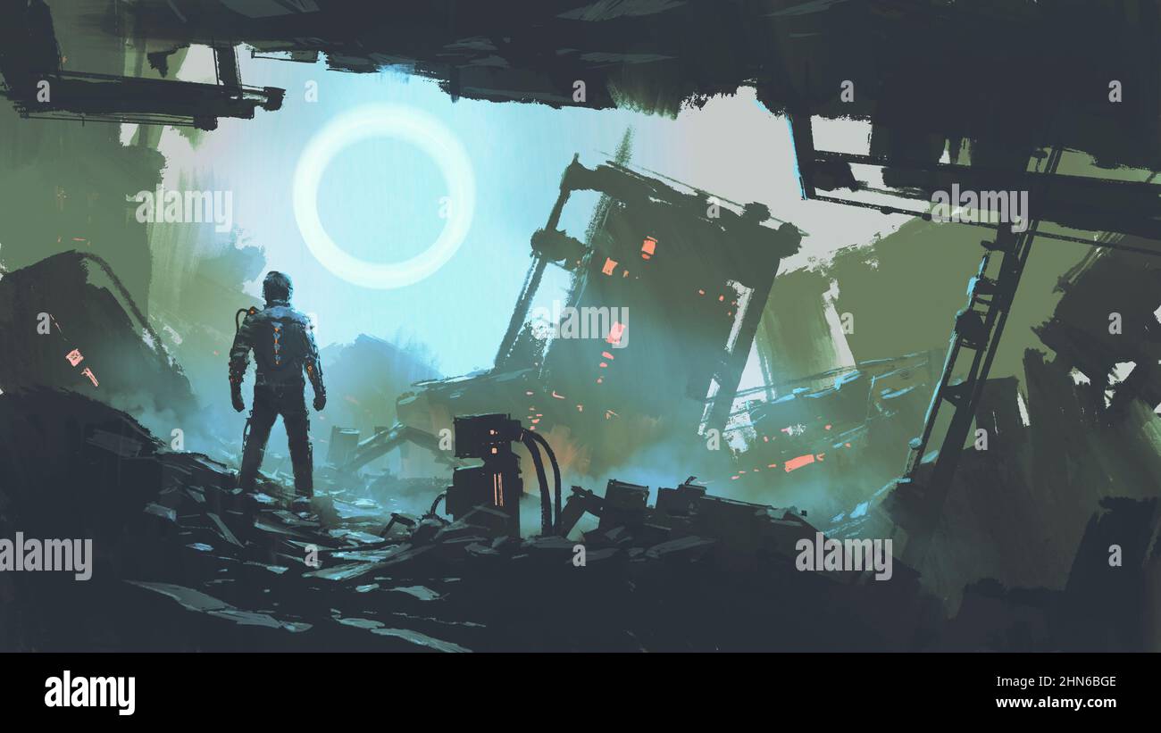 Eine dystopische Szene, die einen futuristischen Mann zeigt, steht in der ruinierten Stadt, im digitalen Kunststil, in der Illustrationsmalerei Stockfoto