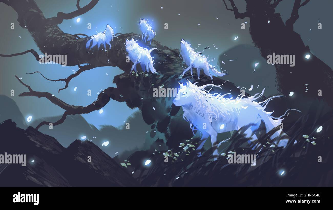 Nachtszene glühender Wölfe im dunklen Wald, digitaler Kunststil, Illustration Stockfoto
