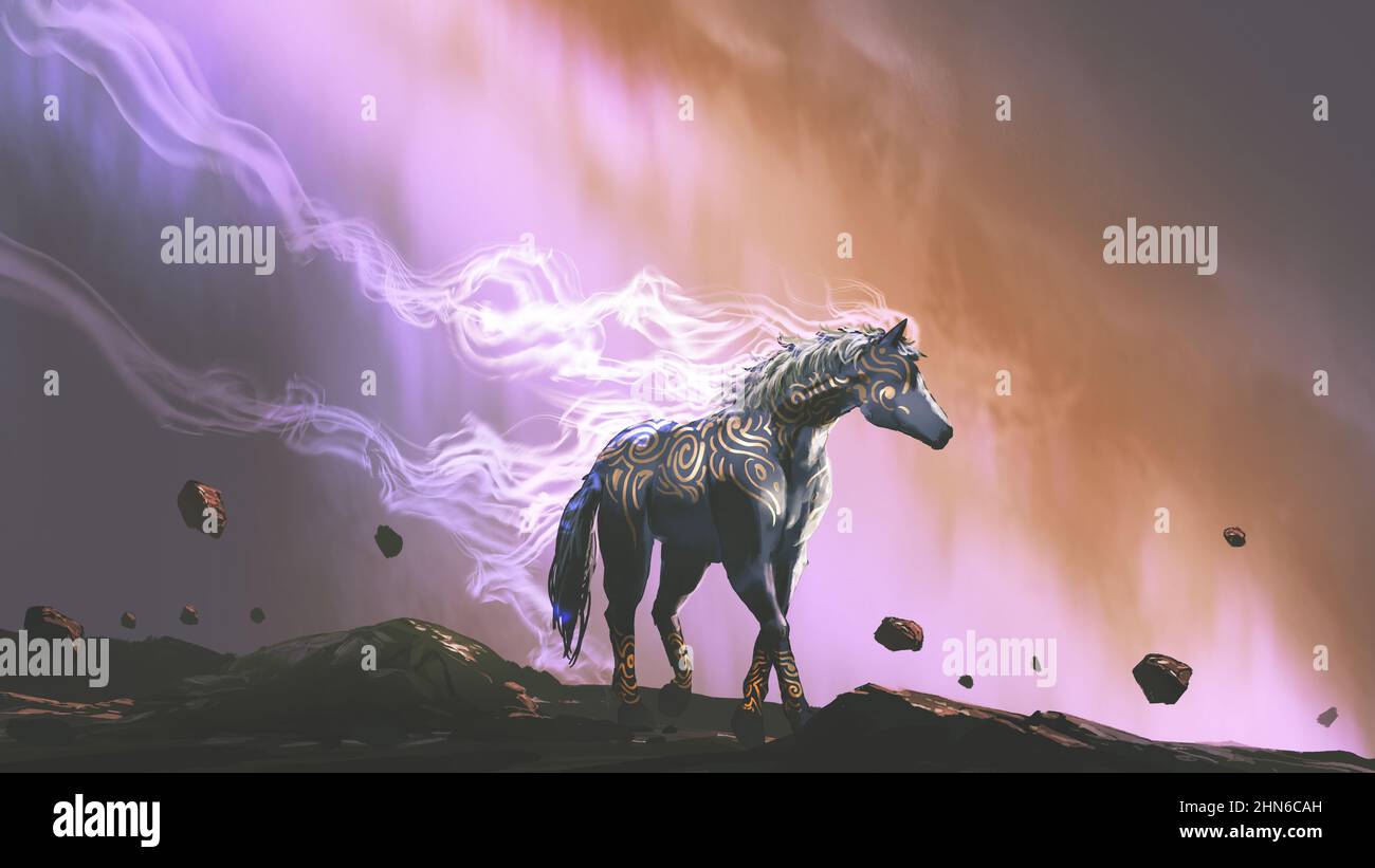Das magische Pferd steht allein gegen den bunten Nachthimmel, digitale Kunst Stil, Illustration Malerei Stockfoto
