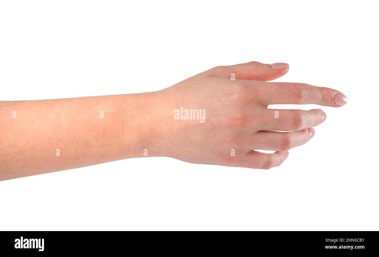 Frau streckt die Hand, um die Hand zu schütteln. Leere Frauenhand isoliert auf weißem Hintergrund. Hochwertige Fotos Stockfoto