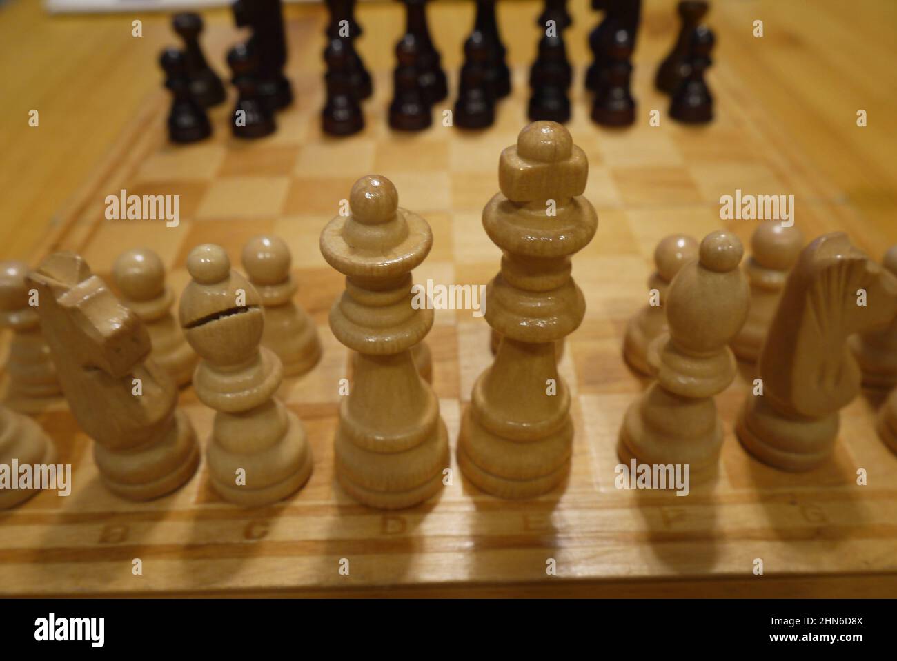 Weiße Schachfiguren vor schwarzen Stockfoto
