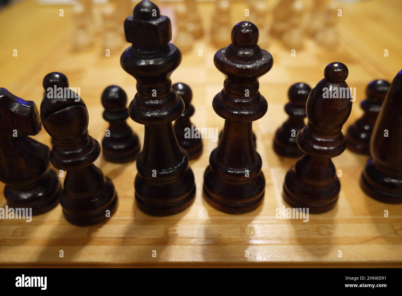 Schwarze Schachfiguren vor weißen Stockfoto