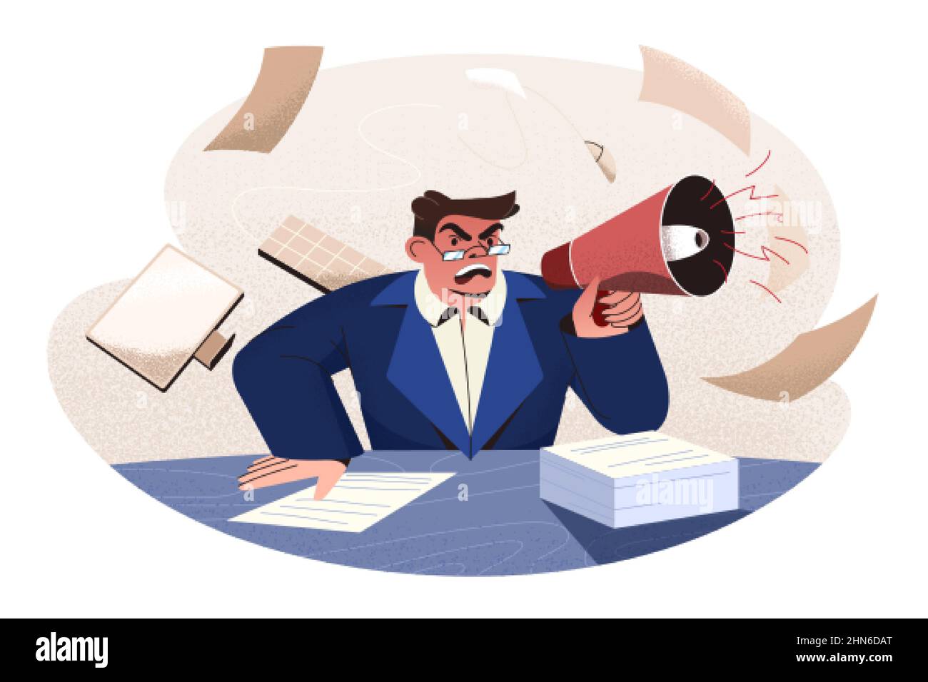 Flacher wütender Boss brüllt in Lautsprecher. Männlicher Bürocharakter mit aggressivem Gesichtsausdruck, das brüllt. Geschäftsmann schimpft und schreit mit Megaphon. Wütender Regisseur sitzt und schreit laut. Stock Vektor