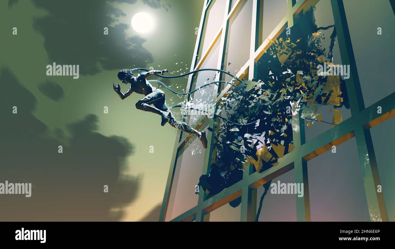 Futuristischer Mensch, der in der Nachtszene durch das Glas des Gebäudes bricht, digitaler Kunststil, Illustrationsmalerei Stockfoto