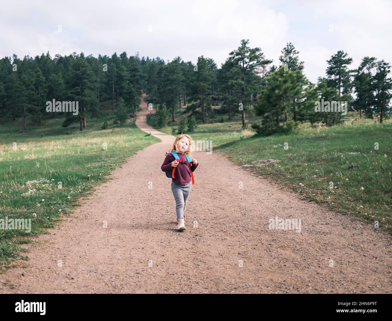 Mädchen wandern auf einem Wanderweg im Mount Falcon Park Stockfoto