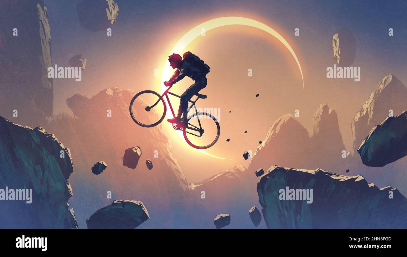 Ein Radfahrer überquert eine Klippe gegen den Himmel mit Sonnenfinsternis, digitale Kunst Stil, Illustration Malerei Stockfoto