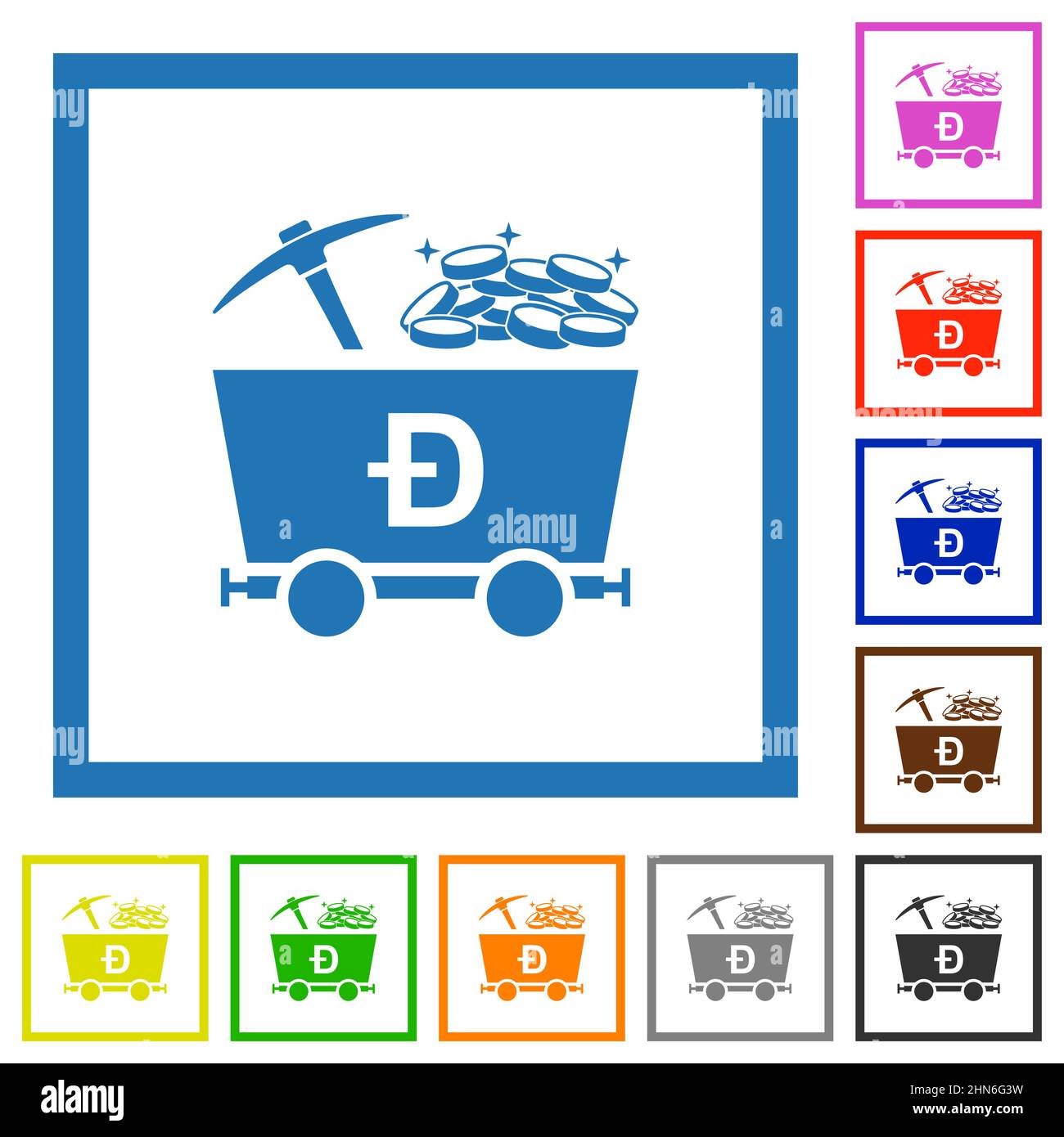 Dogecoin Kryptowährungsbergbau mit schatzflachen Farbsymbolen in quadratischen Rahmen auf weißem Hintergrund Stock Vektor