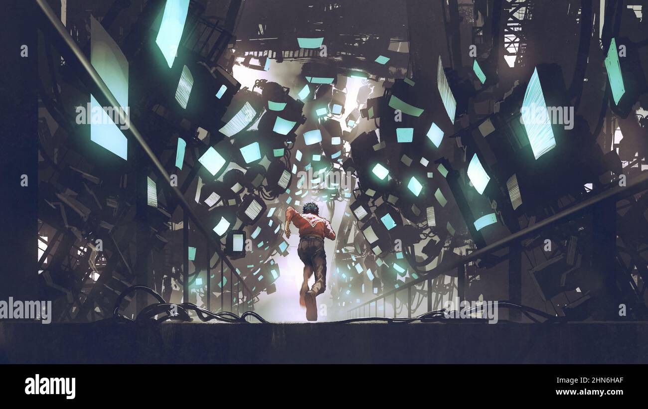 Cyberpunk-Konzept, das einen Mann zeigt, der auf einem futuristischen Weg voller Monitore, digitaler Kunststil und Illustrationsmalerei läuft Stockfoto