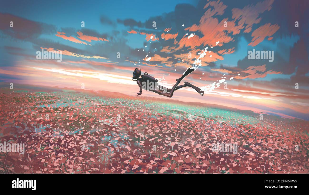 Surreale Szene eines Tauchers, der in der Luft über einem Blumenfeld in der Abenddämmerung schwebt, digitaler Kunststil, Illustrationsmalerei Stockfoto