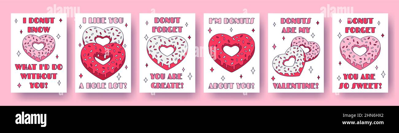 Set von Valentinstag Donut Herz-Karten mit Wortspiel Zitate über die Liebe im Retro-Cartoon-Stil. Liebe Vektor-Illustration für Favour-Tags, Postkarten, Gruß Stock Vektor