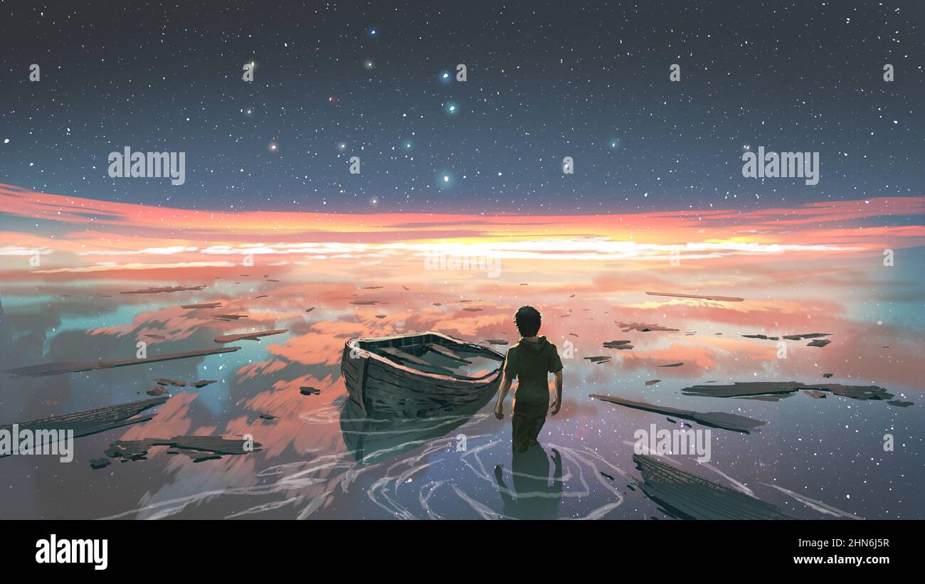 Ein Mann, der in einem Fluss mit seinem Schiffswrack auf dem Kopf vor dem Himmel steht, digitaler Kunststil, Illustrationsmalerei Stockfoto