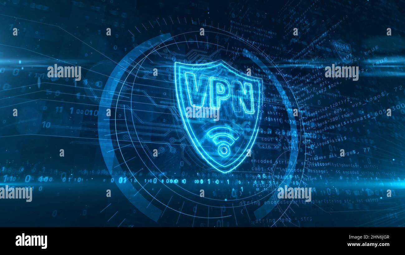 VPN Neon-Schild-Konzept, Virtual Private Network Symbol, Sicherheitsverbindung, Verschlüsselungstunnel Verbindungstechnologie. Futuristische 3D Rendering-Illustration Stockfoto