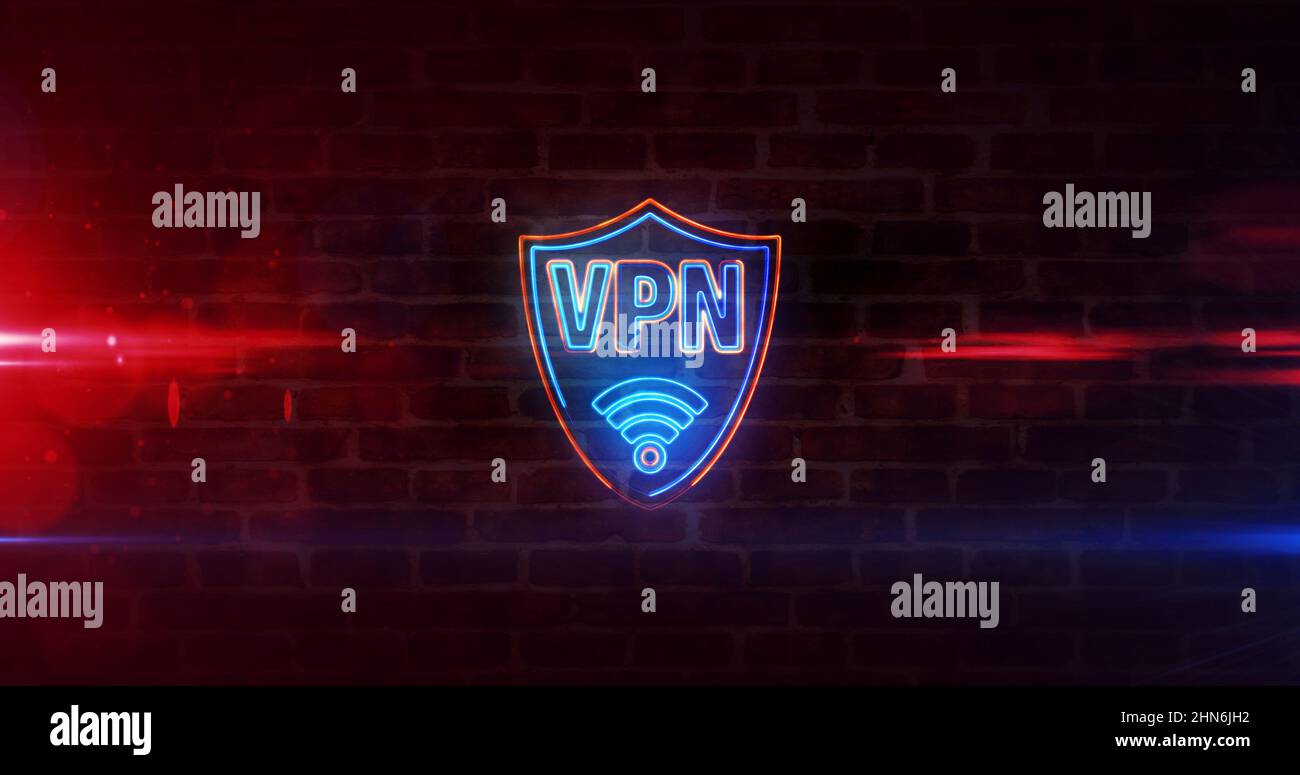 VPN Neon-Schild-Konzept, Virtual Private Network Symbol, Sicherheitsverbindung, Verschlüsselungstunnel Verbindungstechnologie. Futuristische 3D Rendering-Illustration Stockfoto