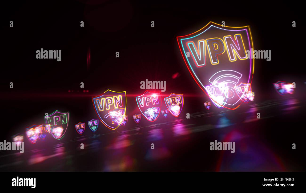 VPN Neon-Schild-Konzept, Virtual Private Network Symbol, Sicherheitsverbindung, Verschlüsselungstunnel Verbindungstechnologie. Futuristische 3D Rendering-Illustration Stockfoto