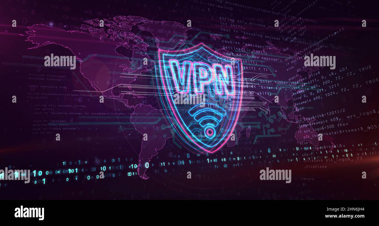 VPN Neon-Schild-Konzept, Virtual Private Network Symbol, Sicherheitsverbindung, Verschlüsselungstunnel Verbindungstechnologie. Futuristische 3D Rendering-Illustration Stockfoto