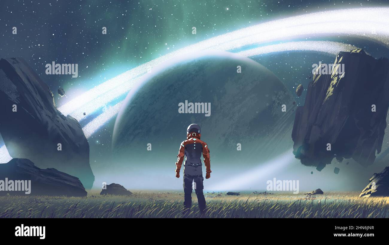 Sci-Fi-Szene mit futuristischem Mann, der auf einem Feld steht und den Planeten mit riesigen Ringen, digitalem Kunststil und Illustrationsmalerei betrachtet Stockfoto