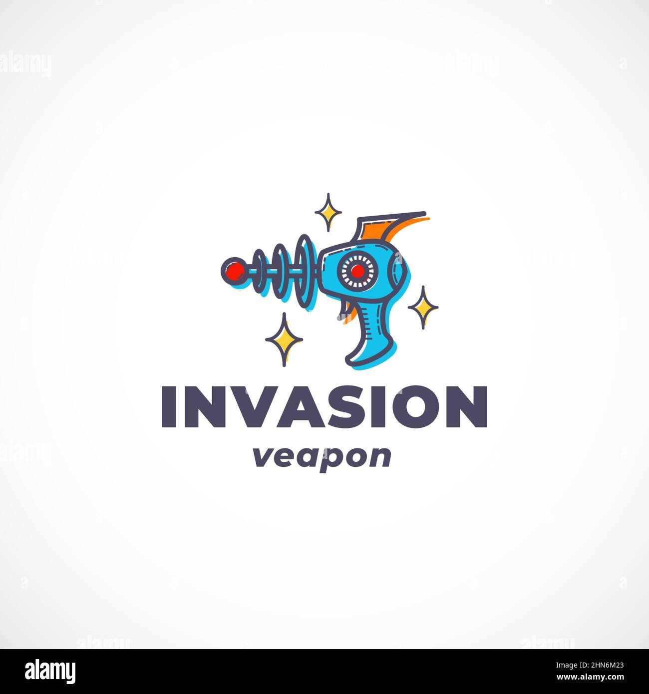 Alien Invasion Weapon Abstraktes Vektorzeichen, Symbol, Logo-Vorlage. Outline Retro Fantastic Gun Silhouette mit moderner Typografie. Science Fiction Stock Vektor