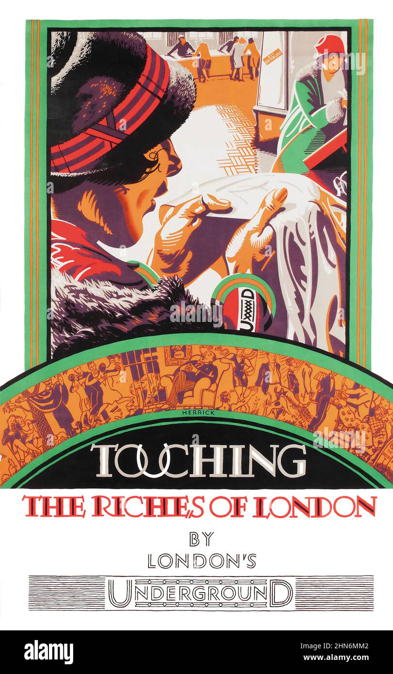 Vintage-Werbung für London Transit System, London Underground. Touching the Riches of London von Frederick Charles Herrick, 1927 Stockfoto