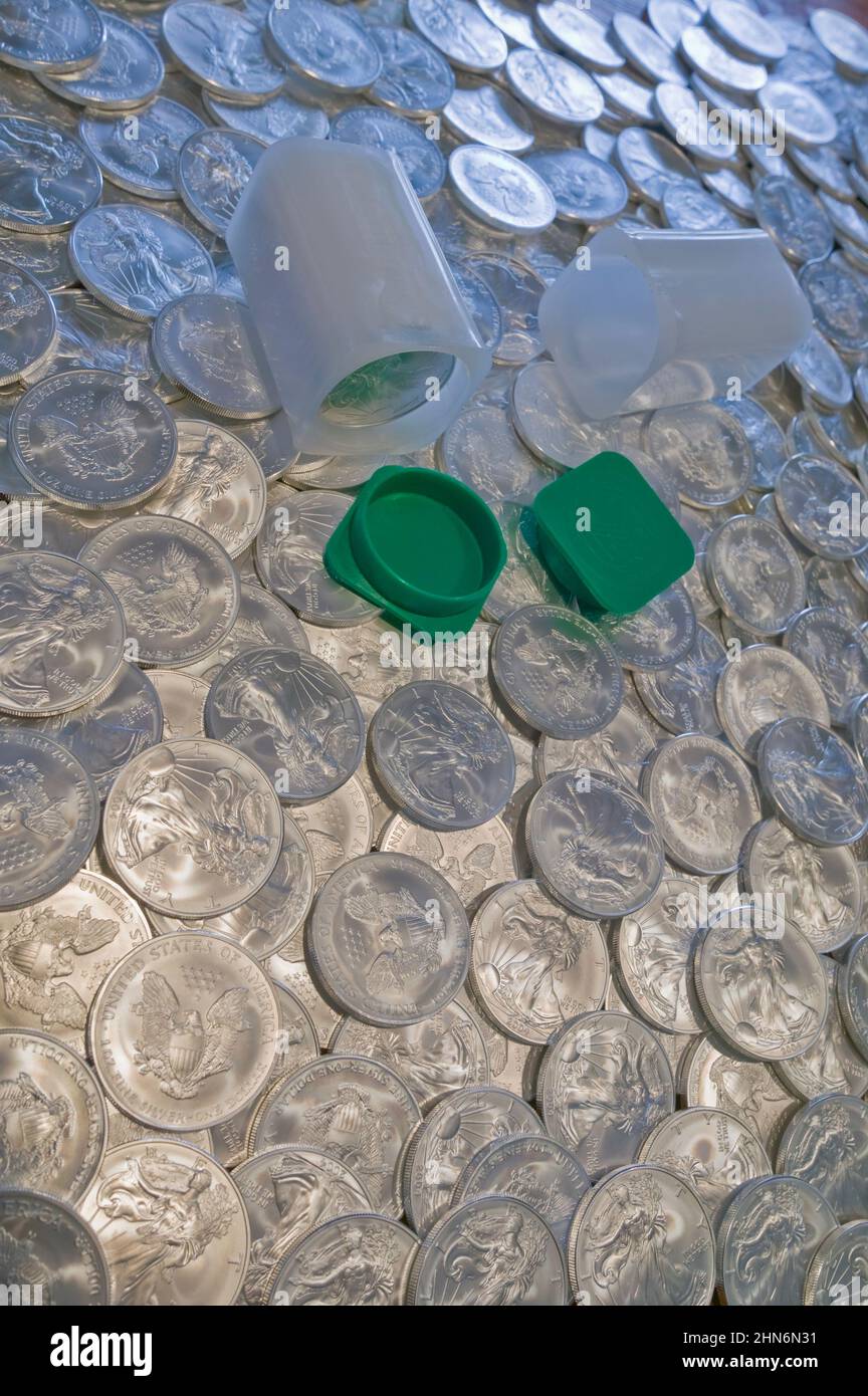 Ein großes Feld von Liberty Silber-Dollar-Bullion mit zwei Münzfläschchen Stockfoto