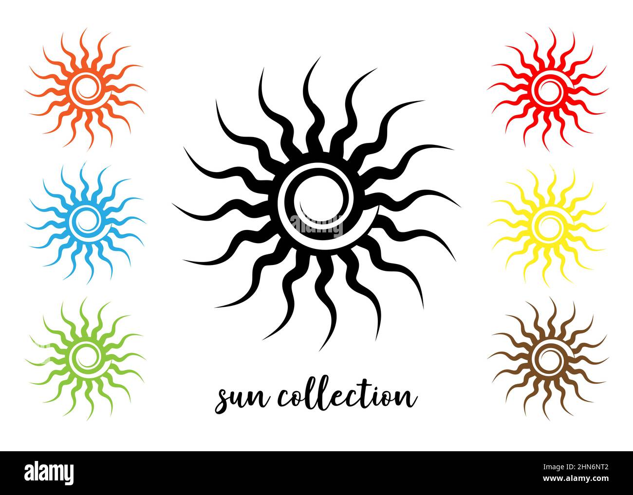 Set bunte Tribal Sun Tattoo Sonnenrad Symbol, Sonnenrad Zeichen. Sommersymbol. Das alte europäische esoterische Element. Logo Grafik Element spiralförmig Stock Vektor