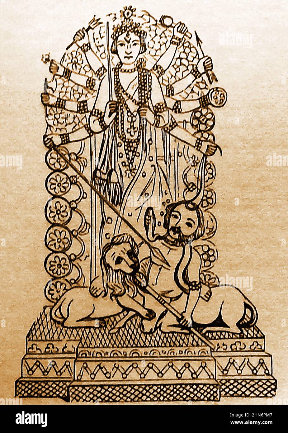 Ein Bild aus dem 19th. Jahrhundert der vielen bewaffneten Hindu-Gottheit DURGA, einer der Gefährten von Siva. Sie wird dargestellt, wie sie einen Speer in den Mahisha-Chef der Dämonen stampft. Es ist interessant zu sehen, dass Mahisha in dieser Darstellung inder Form eines Europäerin mit seinem Löwen ist und eindeutig auf den britischen Raj in Indien Bezug nimmt. Ein großes Fest, das jedes Jahr zu Ehren von Durga stattfindet, wird Durga Puja genannt. Stockfoto