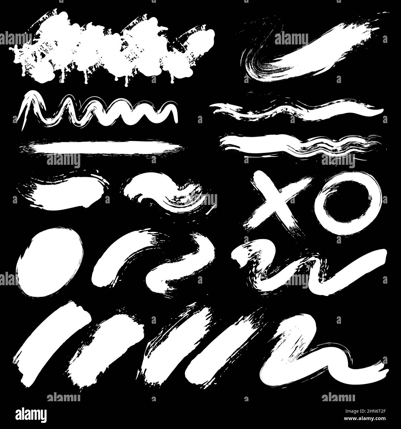 Satz weißer Grunge-Pinselstriche. Vektorgrafik. Pinselstriche. Schmutzige künstlerische Design-Kollektion für Rahmen, Schilder, Banner, Symbol Stock Vektor
