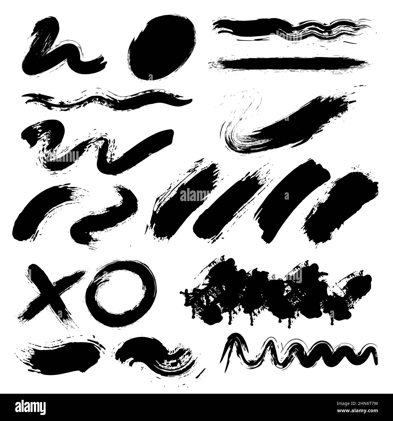 Satz schwarzer Grunge-Pinselstriche. Vektorgrafik. Pinselstriche. Schmutzige künstlerische Design-Kollektion für Rahmen, Schilder, Banner, Symbol Stock Vektor