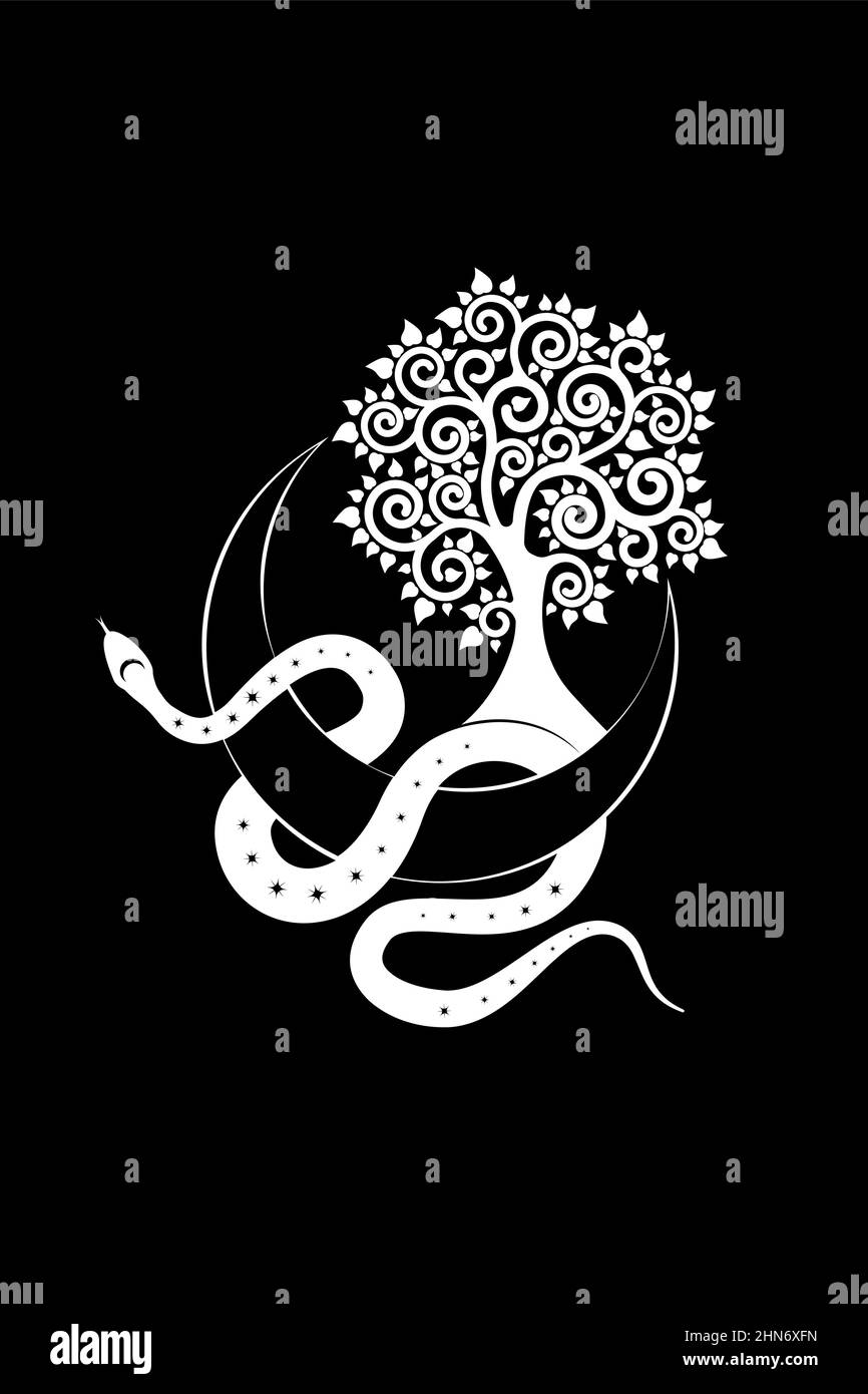 Weiße Schlange auf Halbmond und Baum des Lebens. Heilige Geometrie, mystisches himmlisches heidnisches Wiccan Göttin Symbol. Halbmond Wicca Banner Schild, Tattoo Stock Vektor