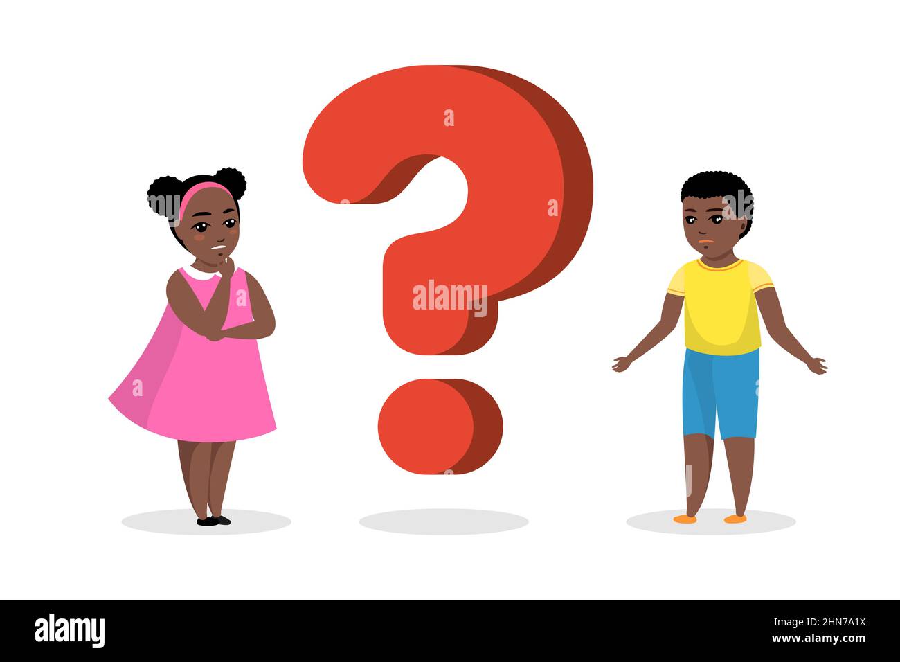 Schwarze afroamerikanische Jungen und Mädchen stehen nahe einem großen Fragezeichen. Konzept des Wissenstransfer durch nachdenkliche junge Menschen. Neugierige Kinder stellen Fragen und suchen nach Antworten. Vektorgrafik Stock Vektor