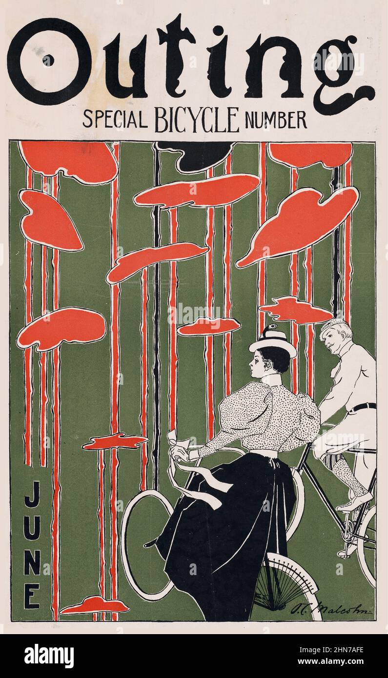 Ausflug, spezielle Fahrradnummer (1896) O.C Malcolm (amerikanisch, 19th/20th Jahrhundert). Vintage Cover für Outing Juni 1896. Stockfoto