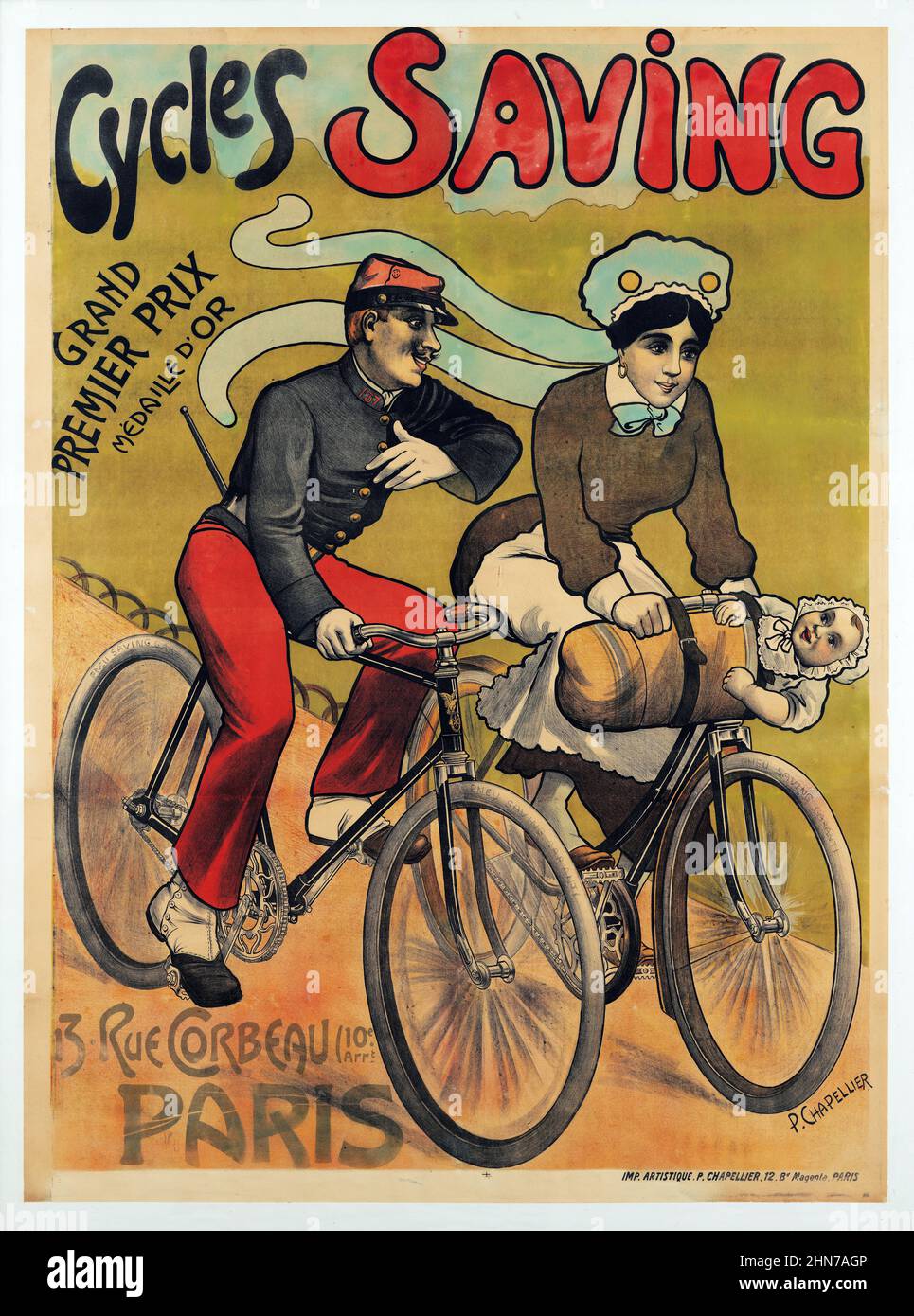 Cycles Saving, Grand Premier Prix, Rue Corbeau Paris (um 1900). Vintage Fahrrad Werbeplakat. Stockfoto