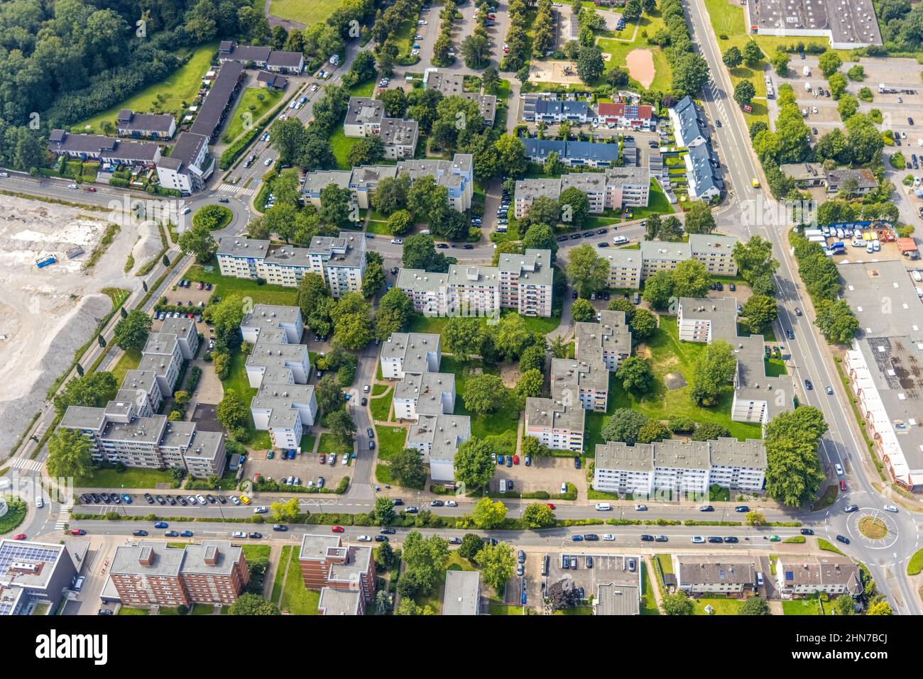 Luftaufnahme, Hochhaus Fritz-Erler-Straße, Theodor-Heuss-Straße und Gedächtnisstraße in Weddinghofen, Bergkamen, Ruhrgebiet, Nordrhein Stockfoto