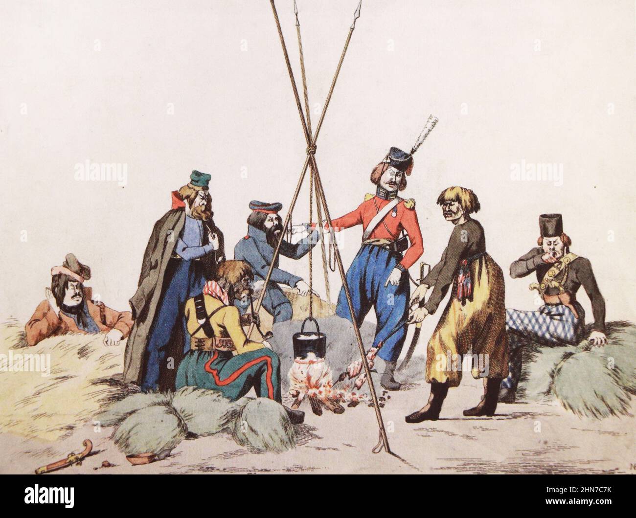 Die Kosaken ruhen während des Vaterländischen Krieges 1812. Gravur des 19th. Jahrhunderts. Stockfoto