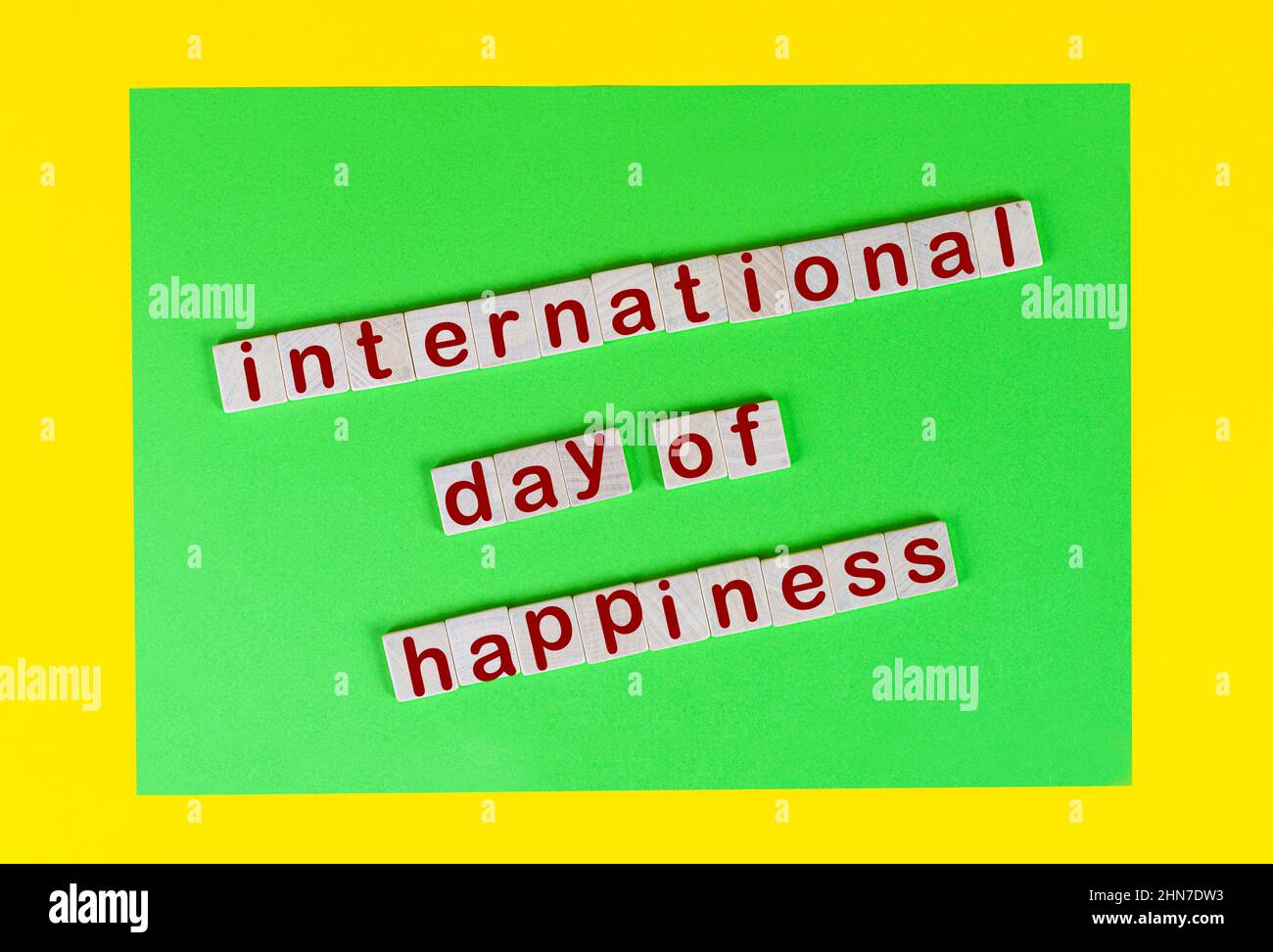 Das Konzept zur Feier des Internationalen Tages des Glücks der Vereinten Nationen am 20. März. Stockfoto