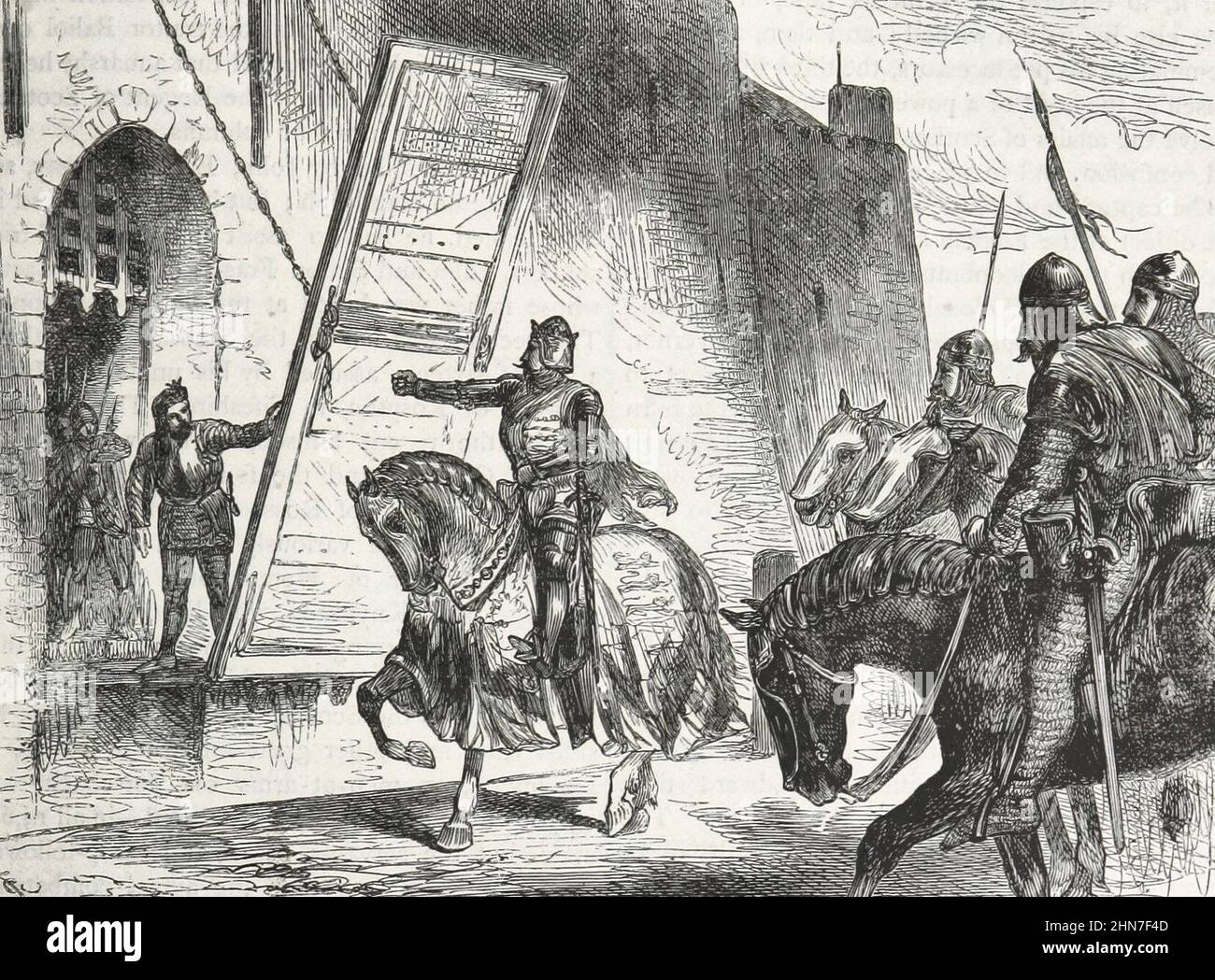 Nach der Schlacht von Banockburn versuchte König Edward I. von England, sich nach Stirling Castle zurückzuziehen, aber der burgherr würdigte eine Vereinbarung mit den Schotten und weigerte sich, ihn betreten zu lassen. Stockfoto