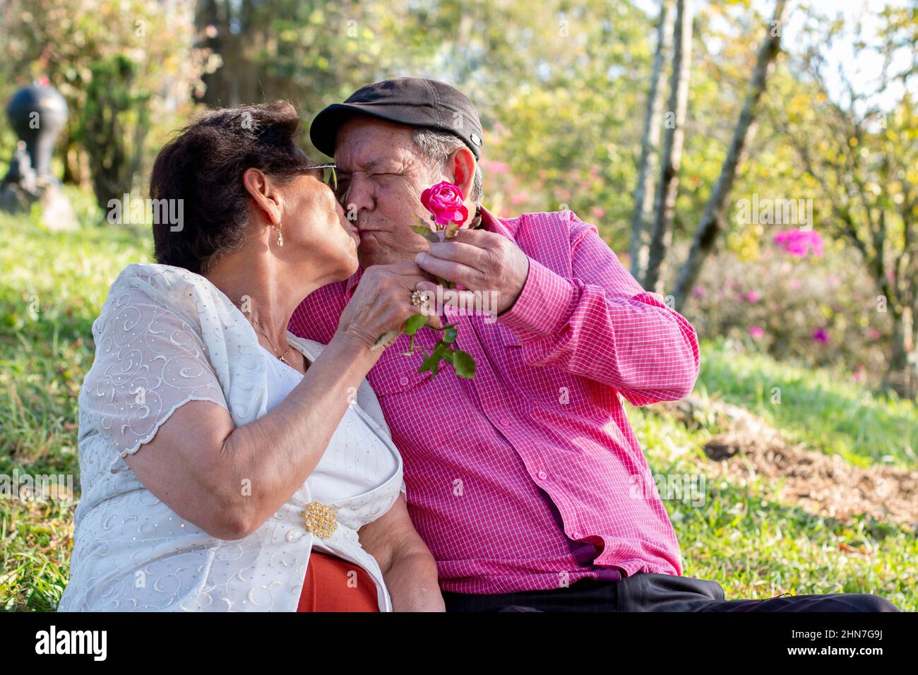 Schönes altes Paar, das in der Natur romantisch ist. Älterer Mann, der seiner Frau eine Blume gab und sie küsste. Stockfoto