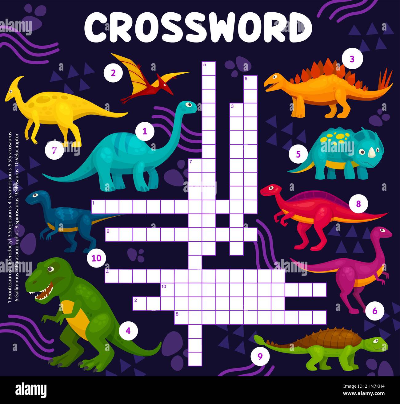 Cartoon Dinosaurier Reptilien, Kreuzworträtsel Vektor Arbeitsblatt oder finden Wort Quiz Spiel. Kinder Kreuzworträtsel Spiel Gitter mit Jurassic Dino brontosaurus, pterod Stock Vektor