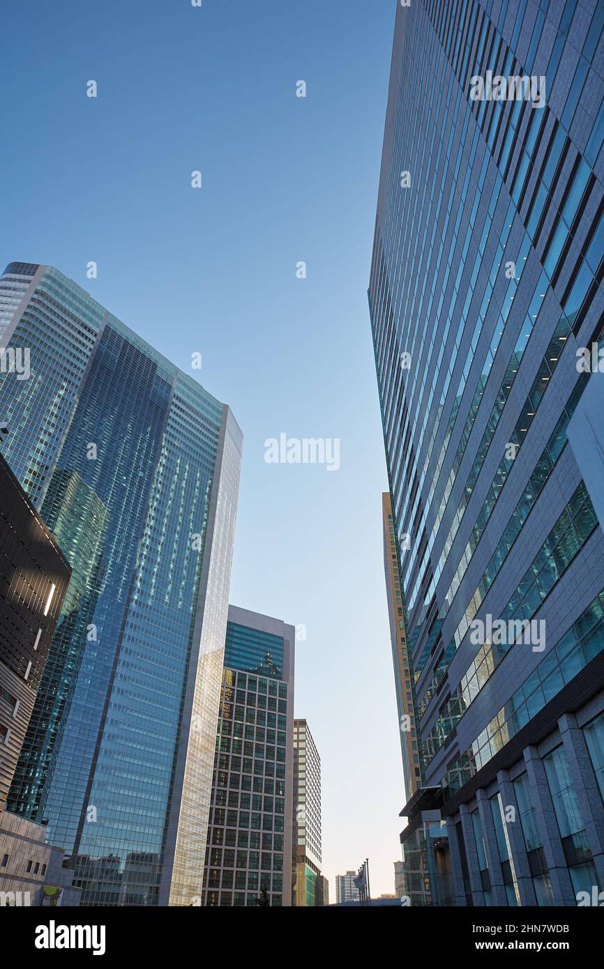 Der Blick auf Wolkenkratzer, die hauptsächlich Geschäfte, Hotels und Restaurants in der Shiodome Sio-Site Gegend von Minato enthalten. Tokio. Japan Stockfoto