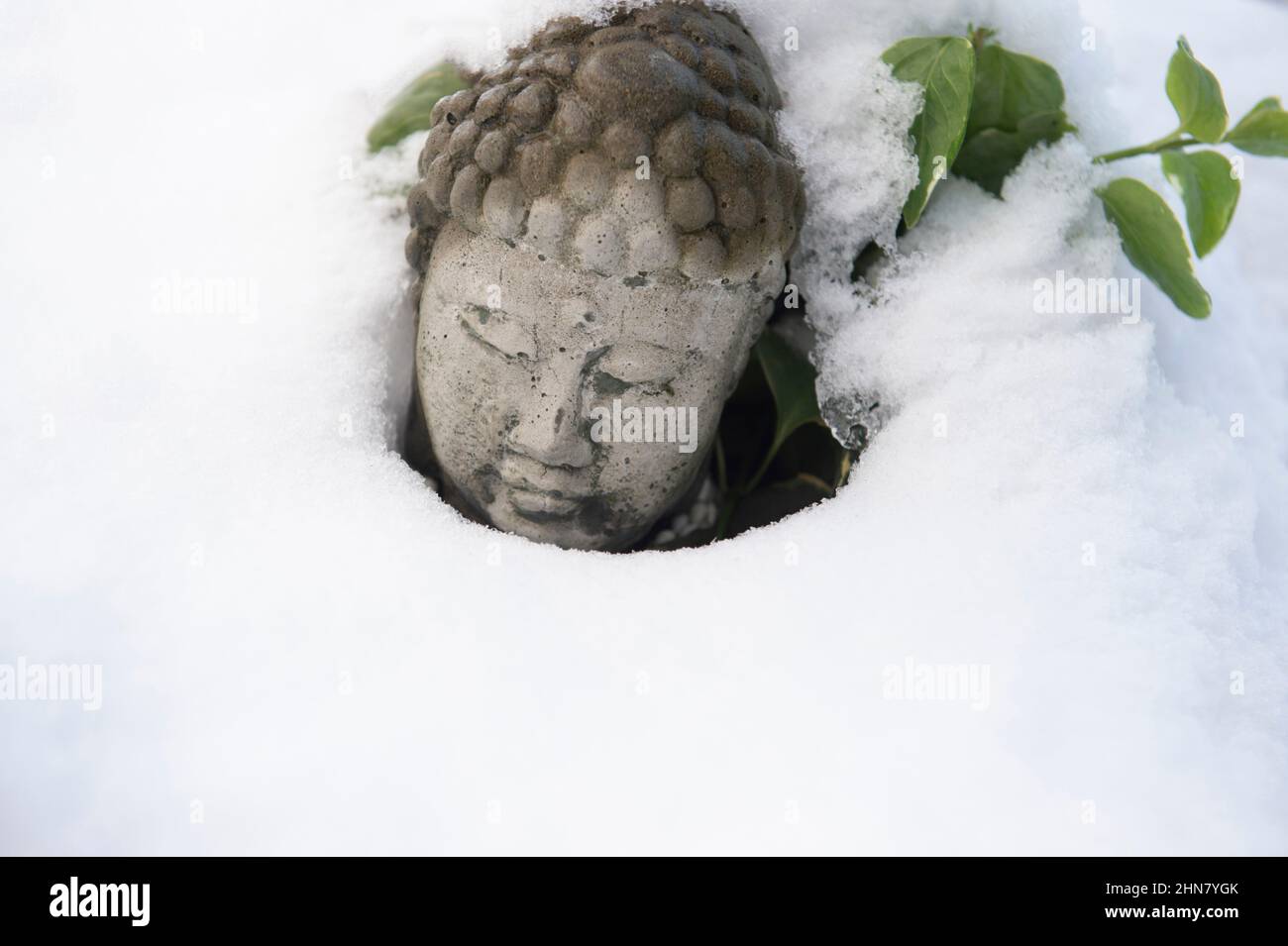 Der Buddha-Kopf ragt mit seinem ruhigen Ausdruck aus dem Schnee. Buddha im Schnee. Buddha vergraben im Schnee. Buddha im Winter. Stockfoto