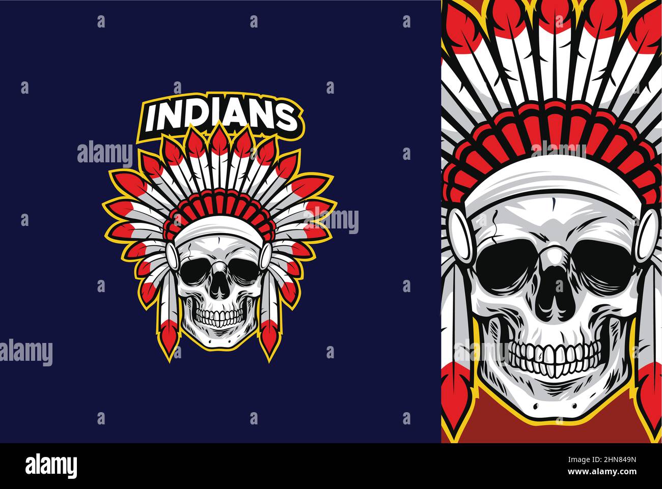 Indian Skull Chief Head Native American Warrior Logo Mit Roten Federn Vektor Illustration Maskottchen Design-Vorlage Stock Vektor
