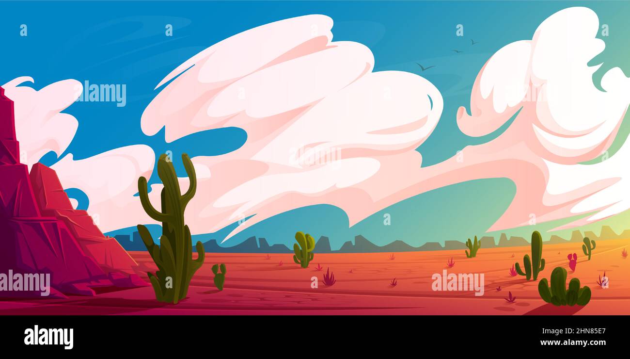Wüstenlandschaft mit Bergen, Kakteen und rotem Trockenboden bei Sonnenaufgang. Vektor-Cartoon-Illustration von heißen amerikanischen oder mexikanischen Wüste mit Felsen, Pflanzen, saguaro und Wolken am Himmel Stock Vektor