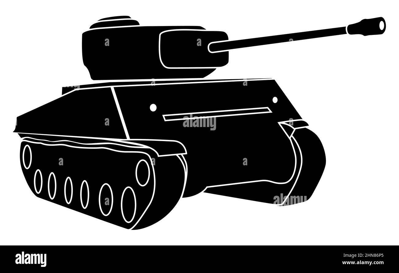 Schwarze Panzer Silhouette auf weißem Hintergrund. Silhouette Vektor flache Illustration. Weißer Hintergrund. Stock Vektor