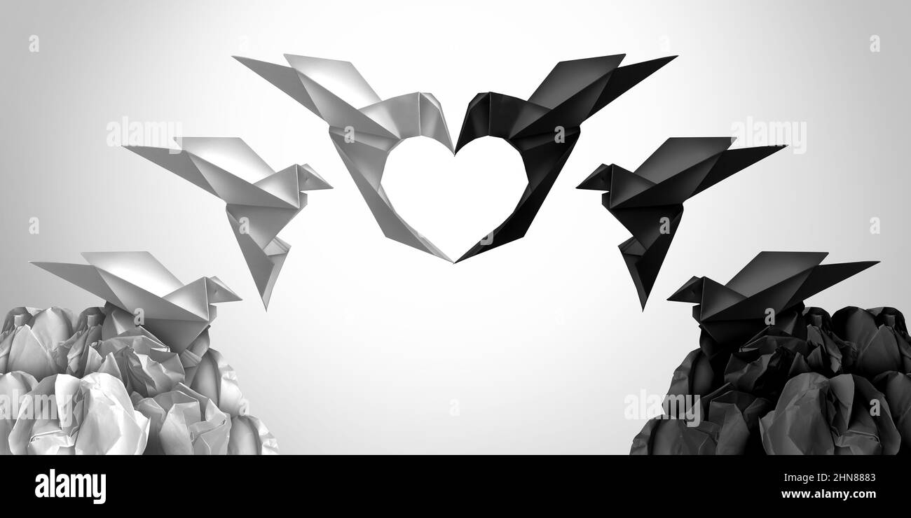 Sich für die Liebe als Inklusivitätszeichen und Rassenharmonie zusammenschließen, während sich schwarz-weiße Origamivögel verbinden. Stockfoto
