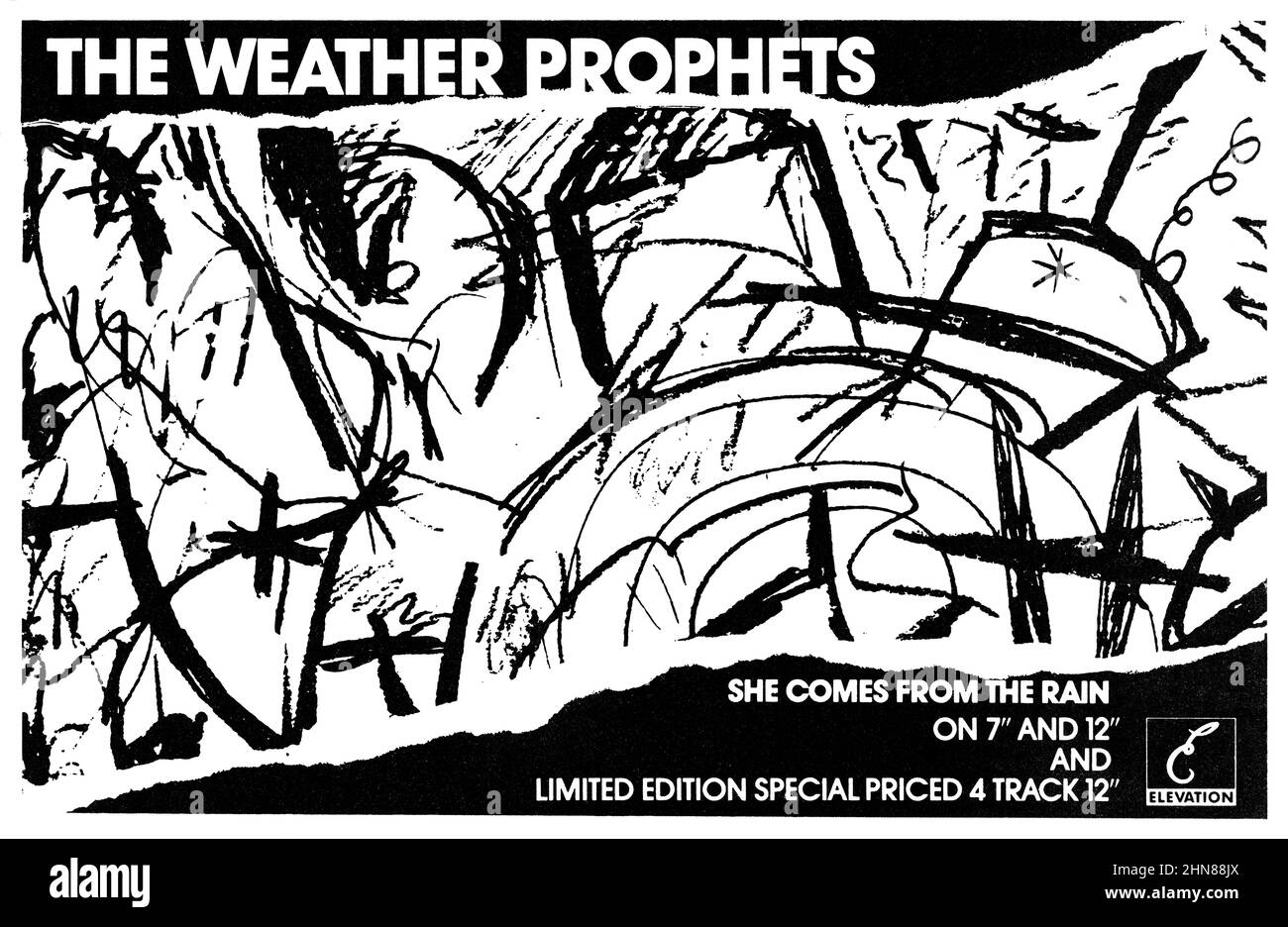 1987 britische Werbung für die Single She Comes From The Rain von The Weather Prophets auf Elevation Records. Stockfoto
