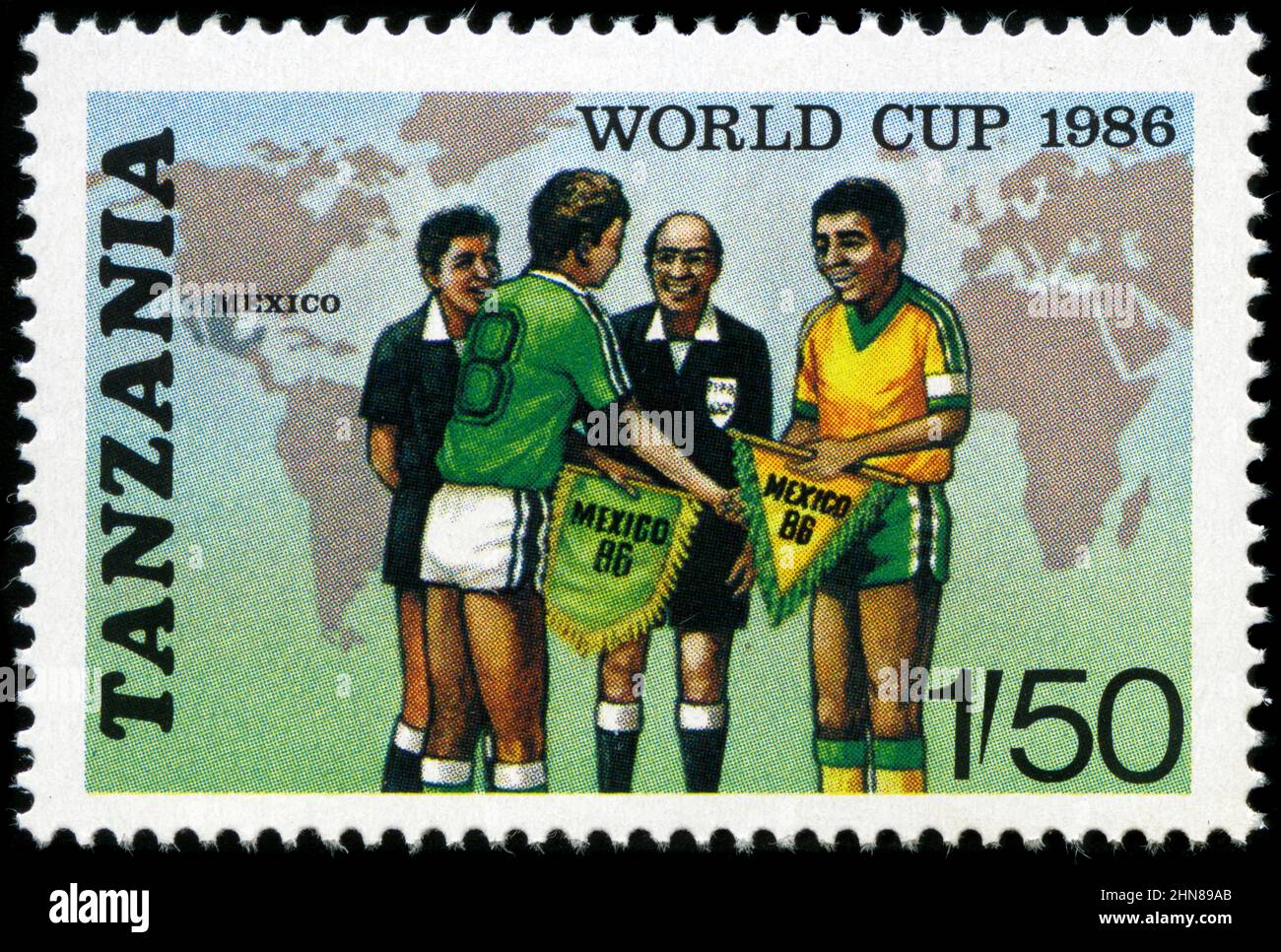 Briefmarke aus Tansania in der FIFA Fußball-Weltmeisterschaft 1986 - Mexiko Serie im Jahr 1986 ausgegeben Stockfoto